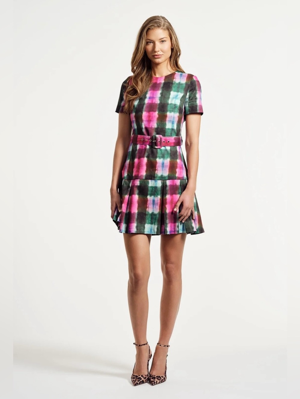 Isaac Mizrahi NY Tie Dye Pleated Belted Drop Waist Stretch Cotton Mini Dress